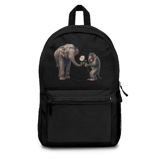 Monkey Gifting Flower to Shy Elephant Backpacks