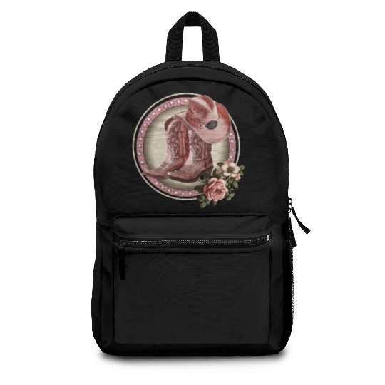 PINK COWGIRL BOOTS, PINK COWGIRL HAT RETRO WESTERN Backpacks