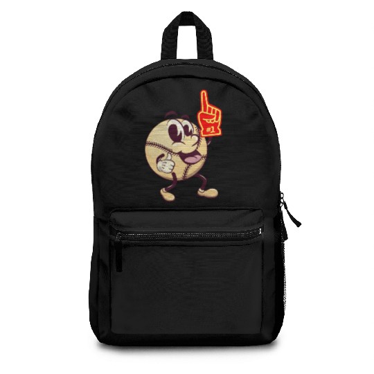 baseball cartoon raising a foam finger number one Backpacks