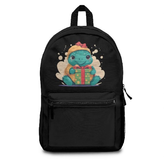 Cute Little Green Turtle Holding a Gift Backpacks