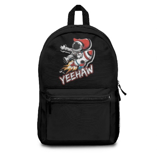 Space Cowboy Riding a Rocket with Yeehaw Slogan Backpacks