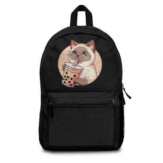 Siamese cat having bubble tea Backpacks