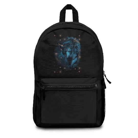 Lurking young male lion with stars and floral orna Backpacks