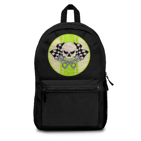 Light green racing stripe with skull and pistons Backpacks