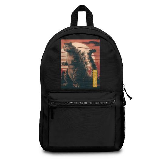Funny Cute Cat Art Japanese Sunset Retro Catzilla Backpacks