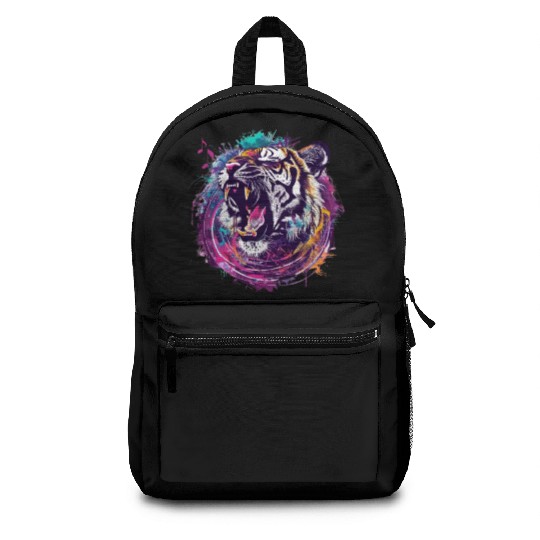 A fierce tiger roaring with musical notes emanatin Backpacks