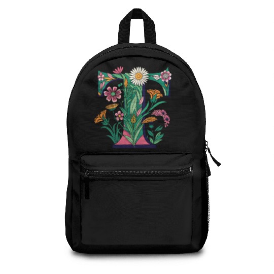 Pink and Green Floral Sketched Letter 'T' Backpacks