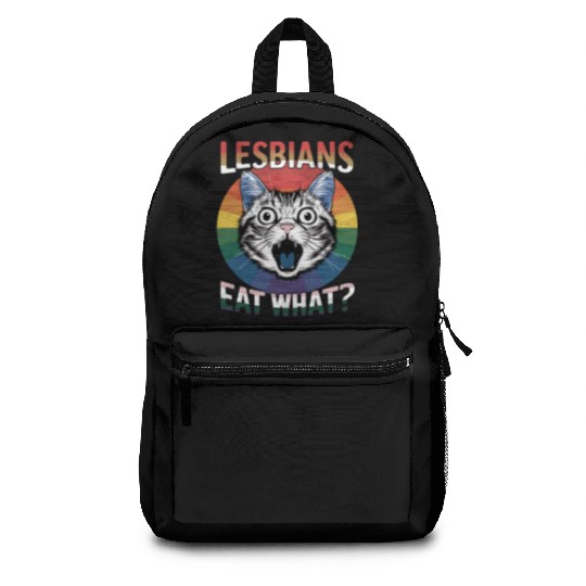 Lesbians Eat What Cat Humor LGBTQ Pride Flag Backpacks