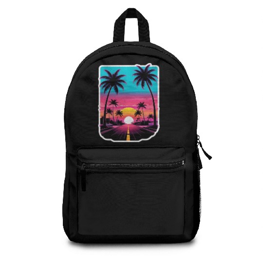 Lonely Road to Miami Sunset Vaporwave 80s Backpacks