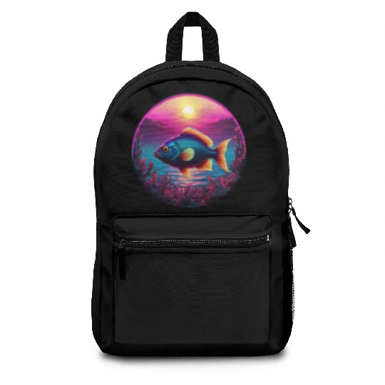 Synthwave Fish and Coral and a Sunset and Ocean Backpacks