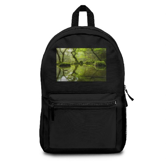 Enchanted Forest Reflections in Tranquil Pond Backpacks