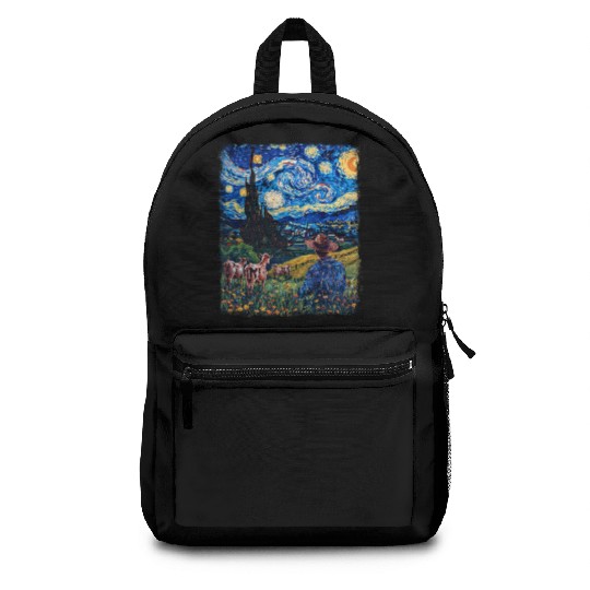Cow Farmer Farming Farm Starry Night Painting Backpacks