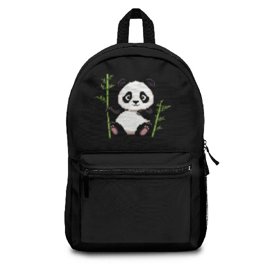 A pixel art of a panda with a bamboo leaf Backpacks