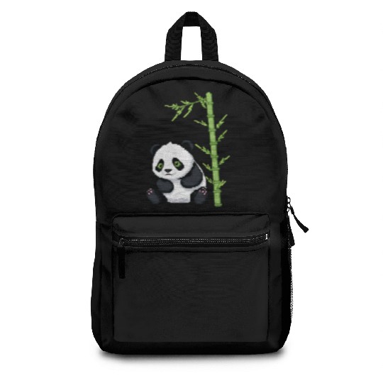 A pixel art of a panda with a bamboo leaf Backpacks