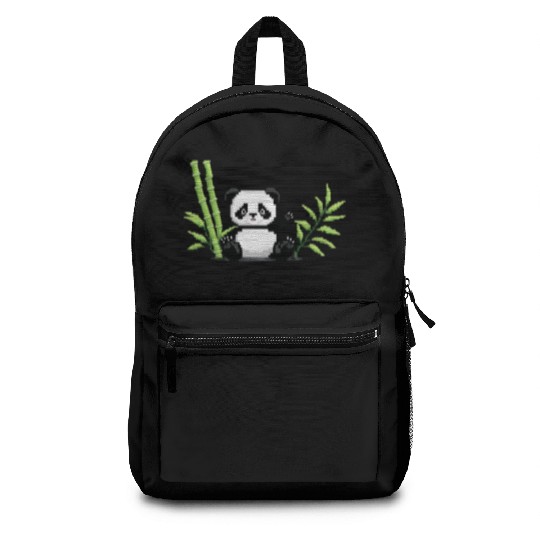 A pixel art of a panda with a bamboo leaf Backpacks