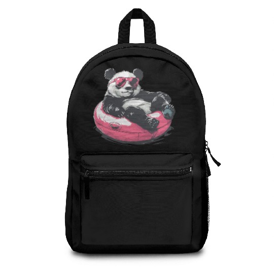 Panda with sunglasses a pink swimming ring in Pool Backpacks
