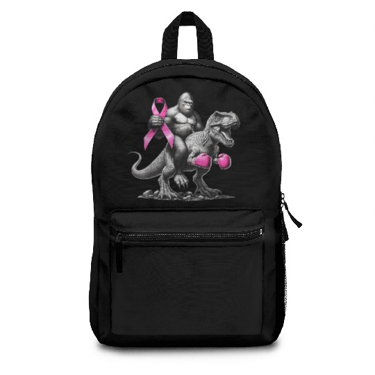 Bigfoot Riding T Rex Dinosaur Breast Cancer Awaren Backpacks