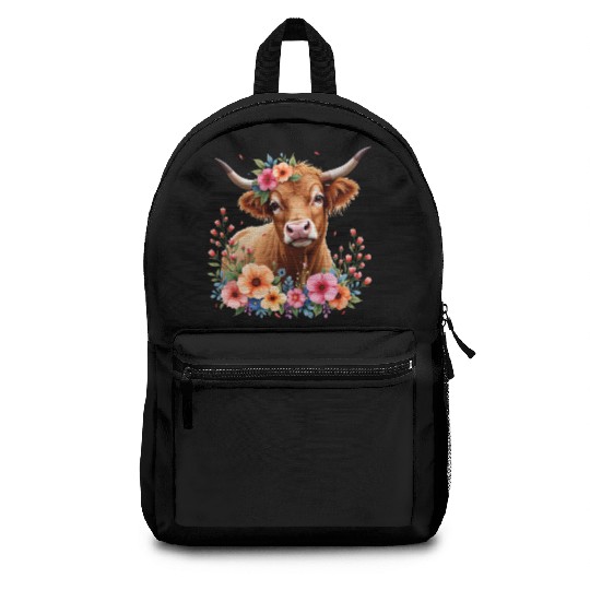 Cute Scottish Highland Cow Floral Backpacks