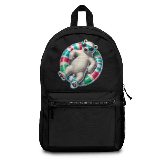 A relaxed polar bear on a swimming ring Backpacks