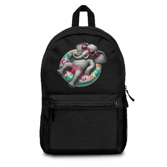 A relaxed elephant on a swimming ring Backpacks