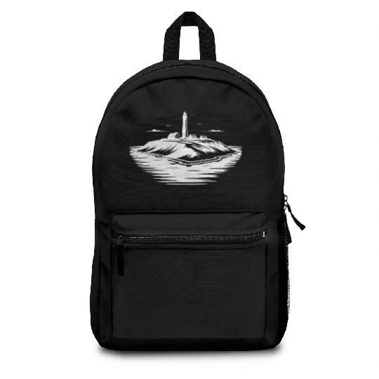 Lonely Island With Lighthouse On The Coast Backpacks