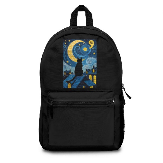 Halloween Starry Night Black Cat Comma La Harris Backpacks