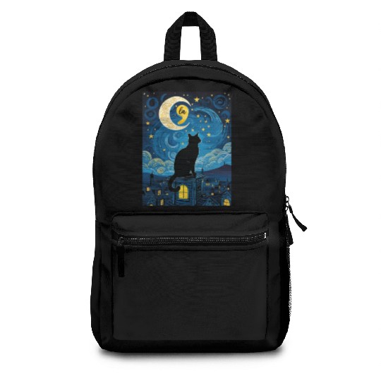 Halloween Starry Night Black Cat Comma La Harris Backpacks