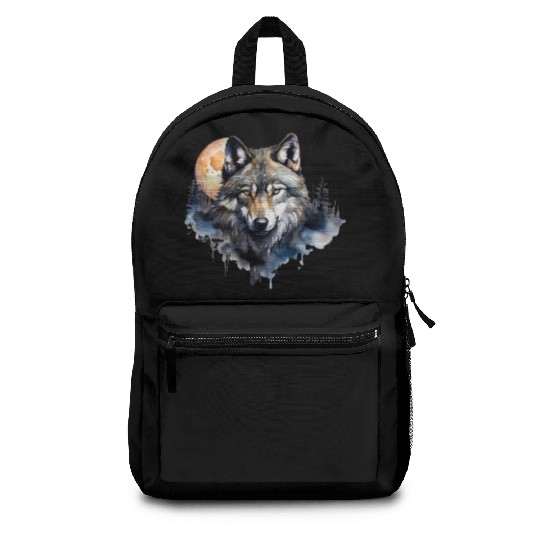 Wolf Portrait Under Full Moon Design Backpacks