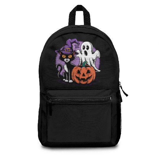 Spooky Black Cat Pumpkin boo ghost Halloween Backpacks
