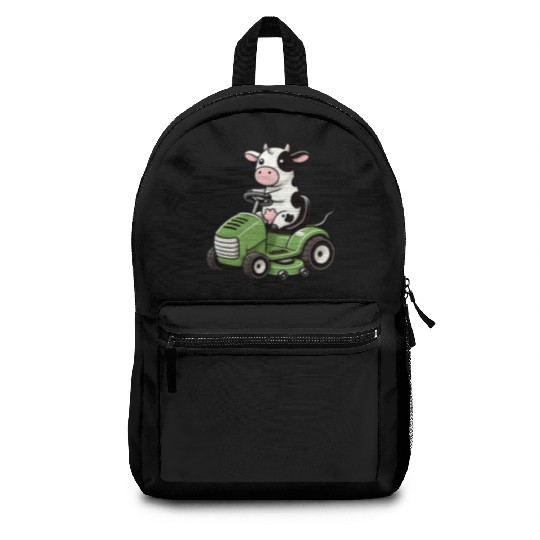 Funny cow as lawn mower farmer grass Backpacks