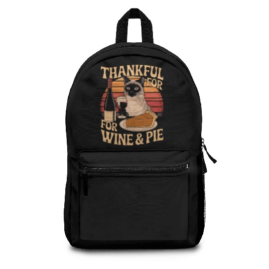 Thanksgiving Wine and Pie Lover - Cute Cat Enjoyin Backpacks