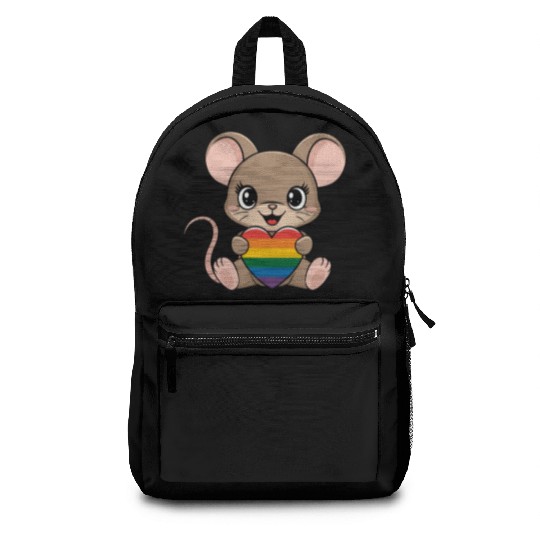 Cute Mouse Holding LGTBQ Rainbow Heart Backpacks