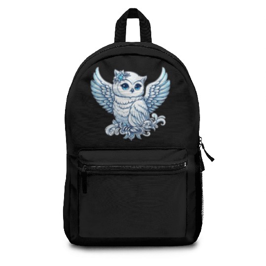 Cute snowy owl blue eyes angel wings cartoon Backpacks