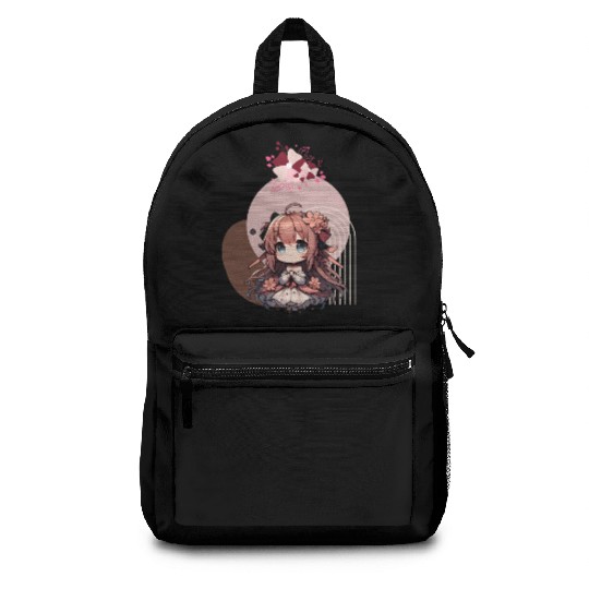 Chibi anime girl with flowers Backpacks