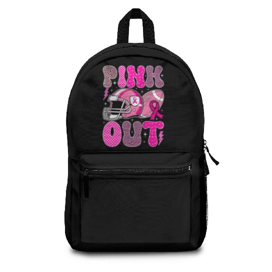 Pink Out Breast Cancer Football Mom Girls Women Backpacks