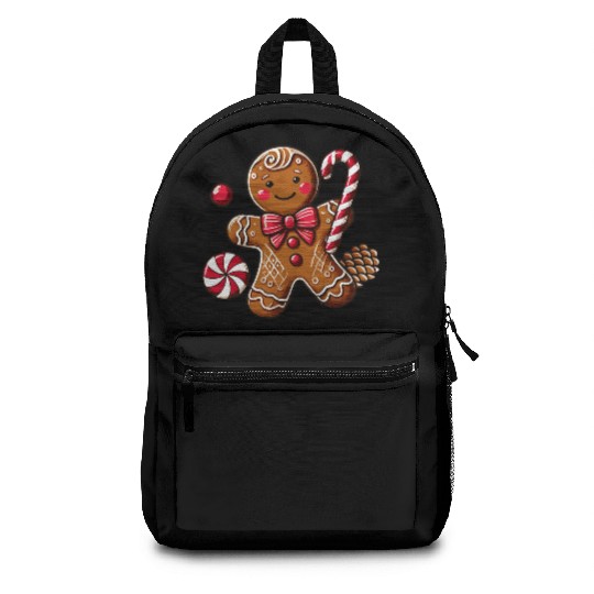 Happy gingerbread man with candy cane Backpacks