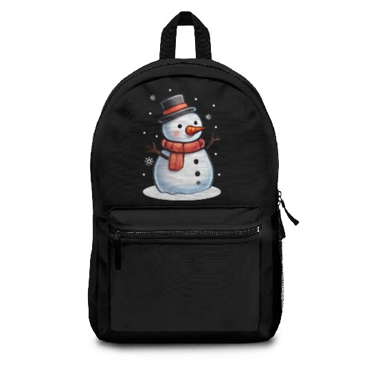 Happy snowman with red scarf and top hat Backpacks