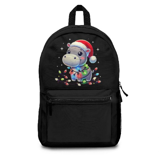 Christmas Hippo Wrapped in Holiday Lights Backpacks