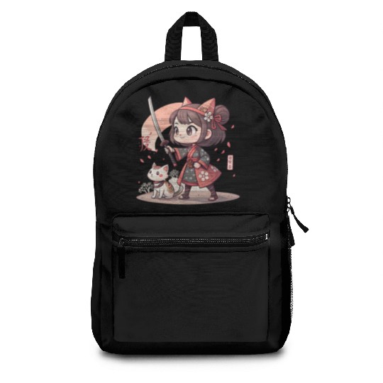 Adorable Anime Samurai Girl: Cat & Katana Design Backpacks