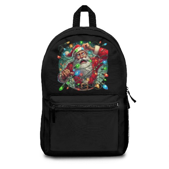 Funny Christmas Santa: Tangled in Lights Backpacks