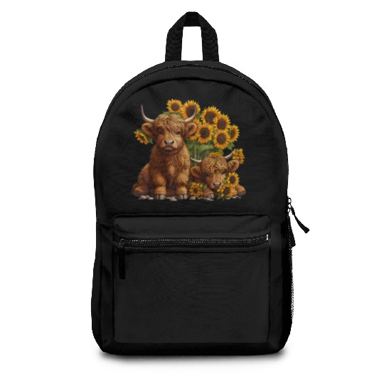 Cute Scottish Highland Cow Sunflower Farmer Backpacks