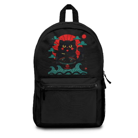 Kawaii Black Cat Eating Ramen Noodles Japanese Backpacks