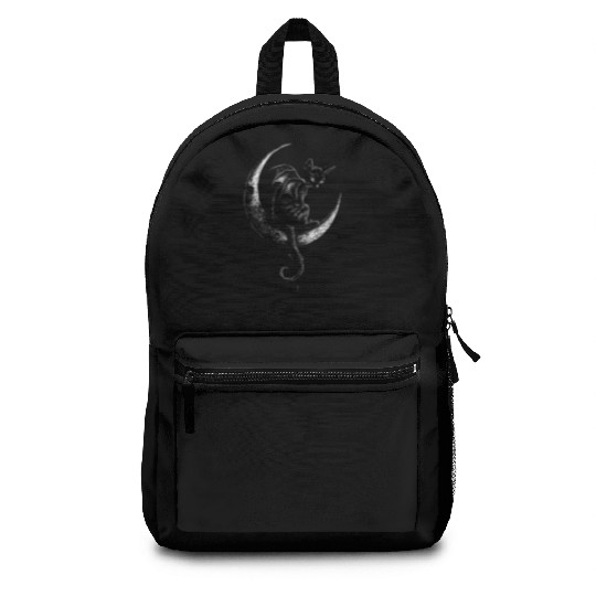 Cat With Bat Wings Sitting On Crescent Moon Goth Backpacks