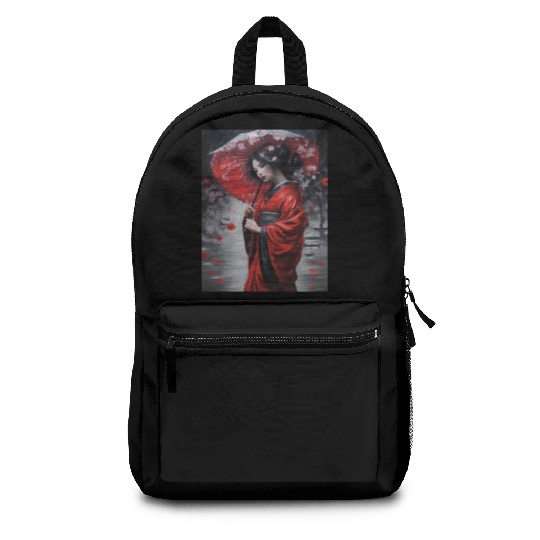 Geisha umbrella rain storm cherry blossoms Backpacks