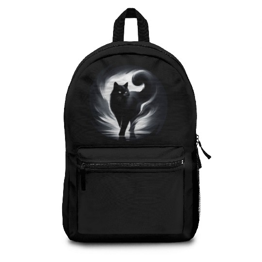 Mysterious and Elegant Black Cat Walking in Light Backpacks