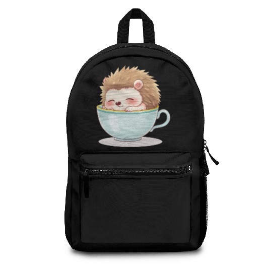 Cute hedgehog relaxing in a light blue cup Backpacks