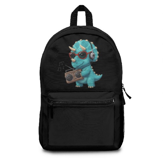 Dino cartoon triceratops listening to music Backpacks