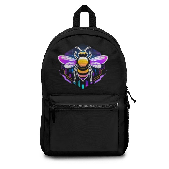 A bee cyberpunk-style with glowing neon stripes Backpacks