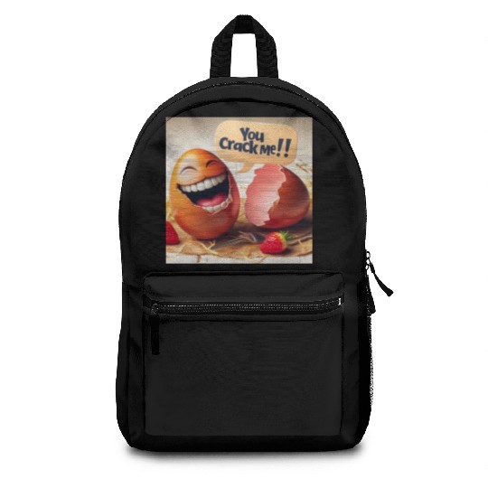 A cracked Easter egg laughing with the caption Backpacks