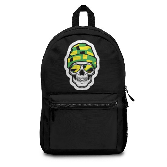 Human Skull Wearing Green Beanie Backpacks
